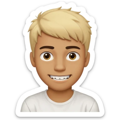Short buzz, messy blonde hair. Dark brown bushy eyebrows large expressive golden-brown eyes, wearing a plain white t-shirt. Crooked grin showing imperfect teeth, one side raised higher than the other, grin with asymmetrical smile. Male Teenager. Brown skin color.  sticker