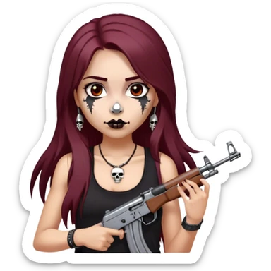 emoji of girl with an ak47 in hand with a black tank top with skulls on it with maroon dark long hair in a middle part with straight nose hazel eyes medium perfect eye brows with  a nose ring silver on the right nostril  sticker