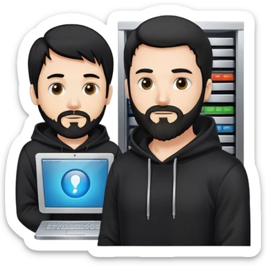 hackeur blanc cheveux noir barbe et capuche noir à côté d'un server sticker