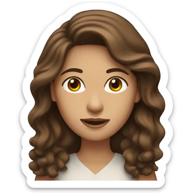 a woman with brown long wavy hair and brown eyes and white skin with macbook sticker