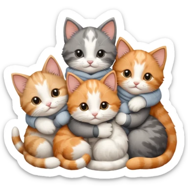 6 tiny kittens cuddling together all various different natural colours including solid grey with white mittens, grey and white, ginger and white, calico and brown and white sticker