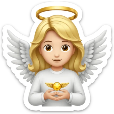 "Um emoji de anjo com cabelos loiros, um halo, asas, segurando um sinal de 'compartilhar' em letras em negrito." sticker
