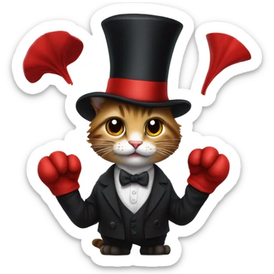 Cat with a top hat wearing a suit and tie and black ripped jeans with a fluffy tail and sharp claws and fingerless gloves while holding a red hat gone  sticker