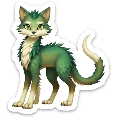 Kawaii dark edgy fantasy ethereal feline-vernid-sergal-fursona animal creature with a tufted tail full body, brown fur, with gradient beige-white intricate markings, hazel-gold-green eyes sticker