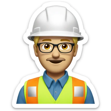 skinny blonde young man, large lips, no beard but with mustache, negative canthal tilt, muted blue/green eyes, glasses, wearing white hard hat that says ”gmc” in orange letters, orange safety vest, muted blue shirt sticker