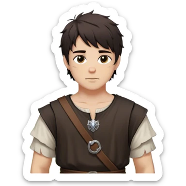 medieval summer outfit worn by a DnD themed fantasy male character. basic sleeveless cotton tunic with a simple, rounded neckline and a loose fit. clothes only above the waist. The clothes full waist. The character's haven't arms. character is white-skinned, black hair, brown eyes, short messy hair. sticker