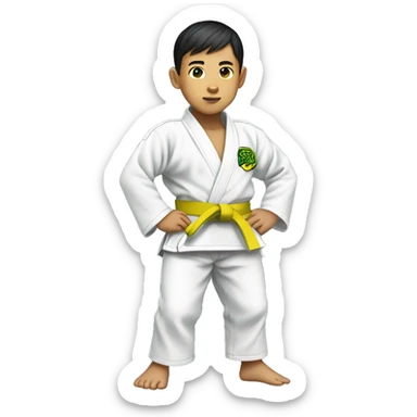 Full body Asian boy with broccoli haircut wearing jiujitsu gi with a yellow belt  sticker
