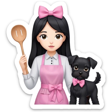 pale girl with LONG BLACK HAIR wearing black long shirt wearing apron holding black  schnauzer pink bow sticker