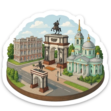 Изометричная, яркая, детализированная и фотореалистичная иллюстрация панорамы города Курска на круглой подставке, Знаменский собор, здание Дворянского собрания, Триумфальная арка в стиле 3D-коллажей городов, чёткие линии, слегка мультяшная стилистика, прозрачный фон, не обрезать края картинки sticker