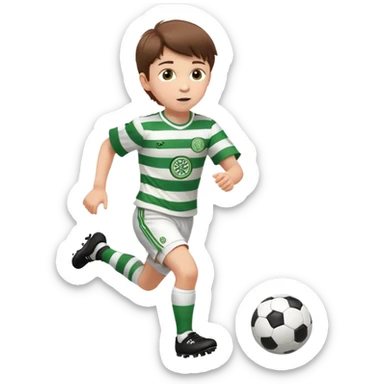Celtic footballer jersey logo  6 years old brown hair white boy , brown eyes , stripes uniform , RUNNING  with soccer ball # 17 celtic football logo PUT ONLY ONE LOGO ONE CELTIC LOGO ONLY white shorts sticker