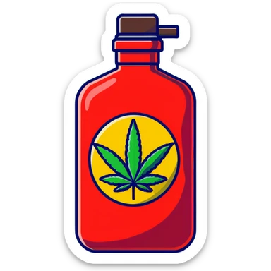 bright red gasoline canister surrounded by a banana, an apple, grapes, and a cannabis leaf, red fuel can with fruits and marijuana leaf arranged around it sticker