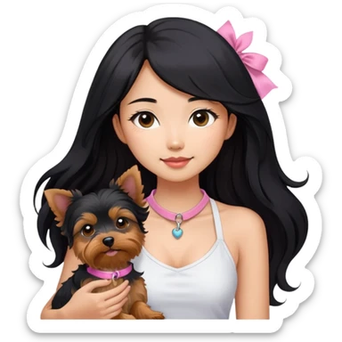 A pretty Asian girl with long, luscious wavy black hair (loose, no hair tie), wearing a white sleeveless halter top. She's holding a Yorkshire Terrier. the dog is wearing a pink collar.  sticker