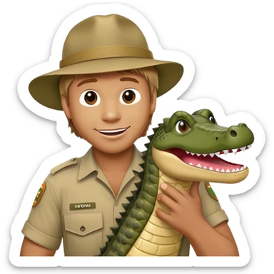 Cinematic Realistic Steve Irwin Portrait Emoji, in his signature khaki attire, holding a crocodile or giving an excited thumbs-up. The scene is lit with vibrant, natural sunlight, emphasizing his adventurous spirit and deep connection to nature. sticker
