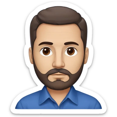 Puerto Rican man in his mid-50s with light skin. Round face with defined features. Expressive dark brown eyes, thick eyebrows. Full head of brown hair, slightly wavy. Medium-length brown beard, neatly trimmed. Wearing a dark blue button-up shirt. sticker