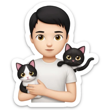 generate a pretty bratz emoji of a boy with black hair wearing a white tshirt and holding a cat in his right hand sticker