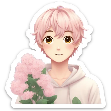 Gorgeous pastel anime style shojo guy with blushing face and flowers aesthetic trending style sticker