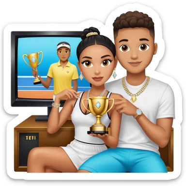 Breaking news Internet celebrity Josh King Madrid jetset wearing shiny diamond earrings and sparkly iced out diamond tennis necklace chains with Instagram model girl tefi valenzuela sitting with him holding gold internet celebrity trophy on tv show in Miami sticker