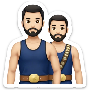 Man wrestling with short black hair, beard wearing a navy singlet with white edging and a championship belt over his shoulder  sticker