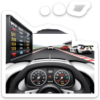 An icon showing a racing game interface, inspired by Grand Turismo. The design features a garage with a selection of high-performance cars, along with race track visuals in the background. Speedometer, lap timer, and other HUD elements add to the excitement. Transparent background sticker
