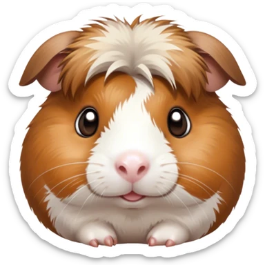Cinematic Cute Brown and White Banded Guinea Pig Portrait Emoji, Head tilted playfully and inquisitively, showcasing a fluffy fur with playful brown and white banded patterns, round, sparkling dark eyes filled with curiosity, Simplified yet irresistibly adorable features, highly detailed, glowing with a warm, friendly glow, high shine, affectionate and spirited, stylized with a touch of whimsy, bright and endearing, soft glowing outline, capturing the essence of a mischievous yet loving guinea pig, so playful it feels like it could dash out of the screen and into your arms! sticker