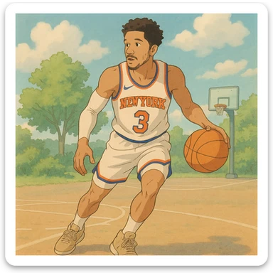 Josh Hart dribbling a basketball in a Knicks jersey, soft colors, whimsical atmosphere, Ghibli style sticker