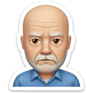 a portrait of aggressive elderly man, bald head, beard, wearing shirt sticker