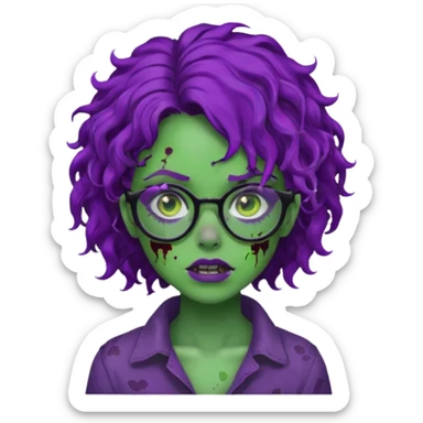 Crie uma garota zumbi com cabelo cacheado roxo, óculos preto e sardas com a pele verde  sticker