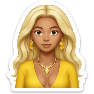 Beyonce with platinum blonde long hair, yellow outfit and earring sticker