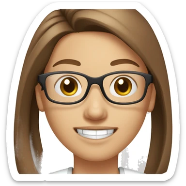 Pharmacist white skin, long straight pony tail brown hair, clear thi glasses and a big smile, female sticker