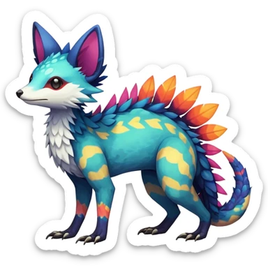 Rare realistic exotic edgy epic cute pretty beautiful handsome gorgeous aesthetic colorful vibrant Vernid-Trico-species-Fakemon-creature by LiLaiRa, 4 legs, 1 tail, random markings, (full body) sticker