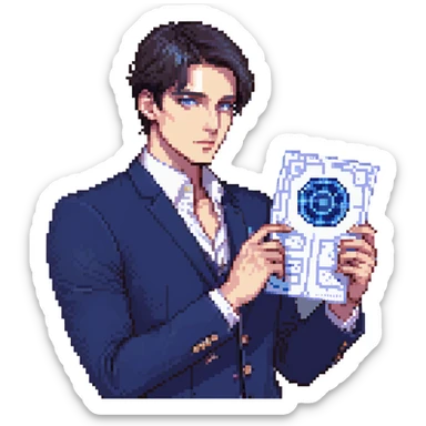 Flat pixel art, focused and confident male strategist, fair skin, short sleek dark hair, intense sharp eyes, wearing a deep indigo suit jacket over a crisp white shirt, holding a futuristic holographic blueprint in one hand, other hand thoughtfully touching chin, waist-up, front-facing sticker