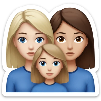 a trio of people where one girl in the back has white skin, brown hair, and brown eyes; another girl in the back has white skin, dirty blonde hair, and blue eyes; and the girl in the front has tan skin, dark brown hair and dark brown eyes. sticker