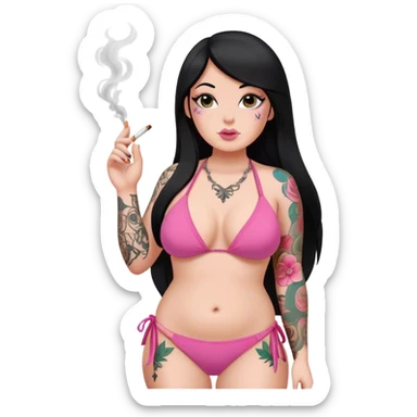 caucasian curvy girl with tattoos in pink bikini, smoking, with a long straight black hair  sticker