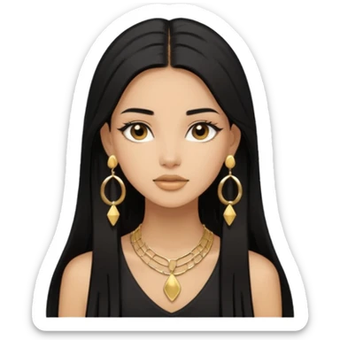 Pero que sea de una chica morena con pelo negro largo lacio. Que siempre utilize aretes dorados y axxesorios dorados y que sea AESTHETIC como pinterest sticker