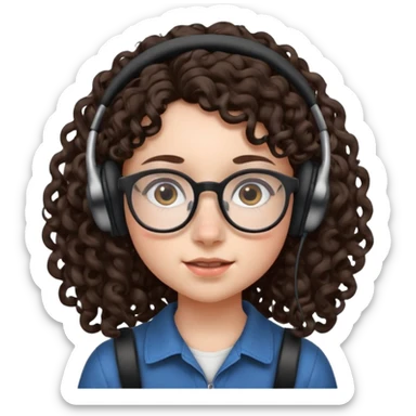 brunette kid with unique face features and very curly long hair kid girl neutral and big glasess and big nose and dark eyes with freckles kind of nerd looking and headphone wearing sticker