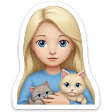 blonde girl with long blonde hair and blue eyes with chubby gray cat sticker