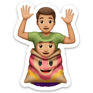 man jumping in a burlap sack holding it emoji sticker