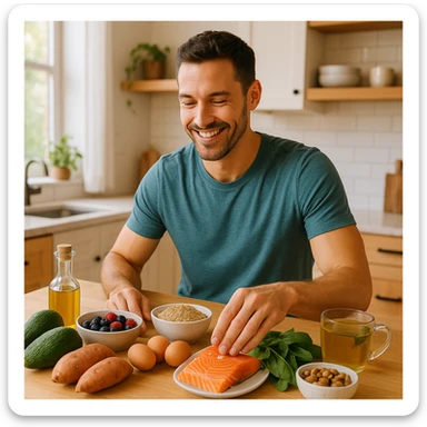 a relaxed, fit man in a bright kitchen with wooden elements, surrounded by healthy foods such as avocados, sweet potatoes, olive oil, berries, quinoa, eggs, leafy greens, nuts, salmon, and herbal teas, smiling and reaching for his favorites, health-focused, modern, and warm vibrant lifestyle photo sticker