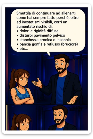 TRASFORMA QUESTO CAROSELLO IN UN FUMETTO STILE MANGA A COLORI CON QUESTE DUE PERSONE IDENTICHE CHE INTERLOQUISCONO TRA LORO:

LUI (UOMO): Smettila di continuare ad allenarti come hai sempre fatto perché, oltre ad inestetismi visibili, corri un aumentato rischio di:
    • dolori e rigidità diffuse
    • disturbi pavimento pelvico
    • stanchezza cronica o insonnia
    • pancia gonfia e reflusso (bruciore)
    • etc… sticker