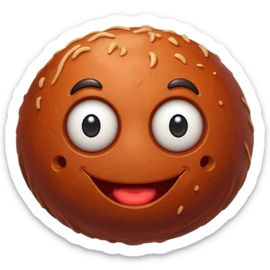a giant meatball with googly eyes and a smile sticker