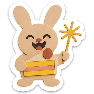 Adjust the bunny's ears so both sides have equal color, shape, and elements. Make the ears visually match and harmonize with the rest of the bunny. Maintain the paper-craft style, laugh face, cake slice, and sparkler. sticker