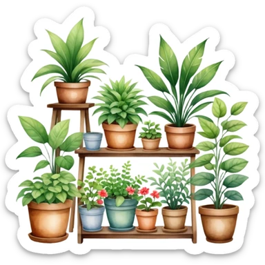 A cozy indoor garden scene with an assortment of potted plants, painted in a delicate and natural watercolor style. sticker
