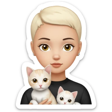 White kitten with lady HAZEL EYES , BLACK BUZZ CUT LIGHT SKIN ROUND FACE GIRL sticker