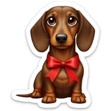 Brown Dachshund wrapped in holiday paper with red bow on head sticker