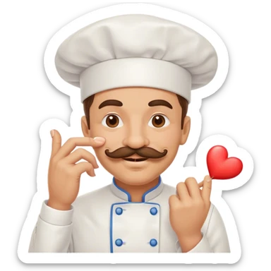 Mustachioed chef with smiling eyes kissing his pinched fingers with a heart emoji sticker