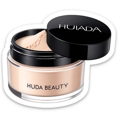 Create an emoji of Huda Beauty loose powder in its round, flat jar, short and wide, frosted or matte plastic, black screw-on lid, minimal luxe makeup packaging, clean glam aesthetic. sticker
