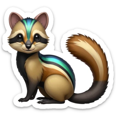 Colorful onyx-obsidian-pitch-black and iridescent Cacomistle-Numbat-Ferret-hybrid-fusion-animal-creature, full body  sticker
