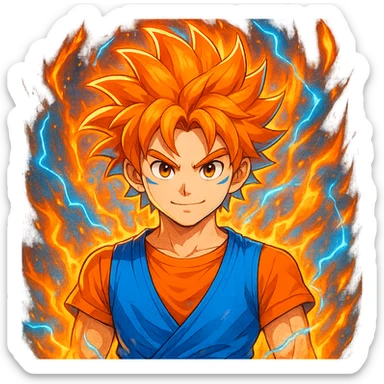 Add a glowing power-up aura around the cheerful anime fighter with wild hair. Keep the background transparent. The style should resemble a vibrant anime illustration with dynamic glowing effects around the character's hair and body. sticker