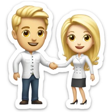 restaurant owner with white skin and blogger with white skin and blonde hair shaking hands in full height sticker