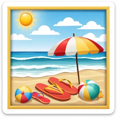 Icon for Beach Tourism: a sandy beach with a sun umbrella, beach ball, and flip-flops, with the ocean waves in the background. The icon should capture the relaxation and fun of a beach vacation. Transparent background sticker